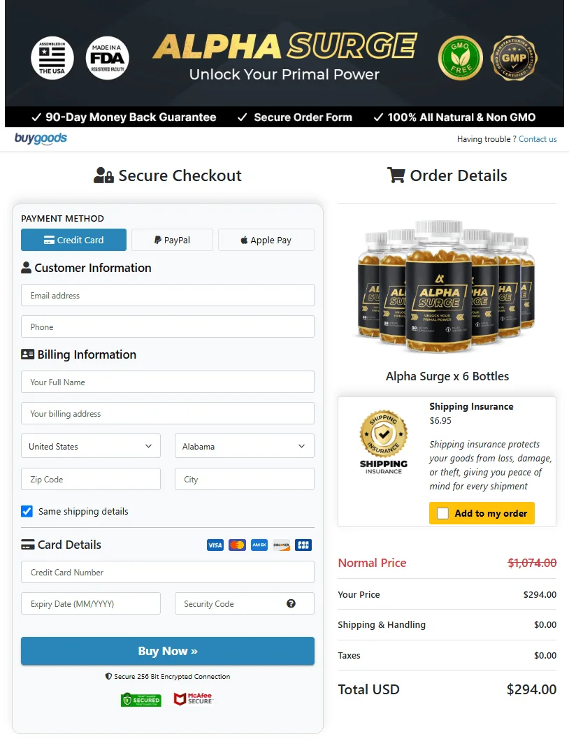 Alpha Surge™ secure checkout page — encrypted order form showing multiple payment options and order summary
